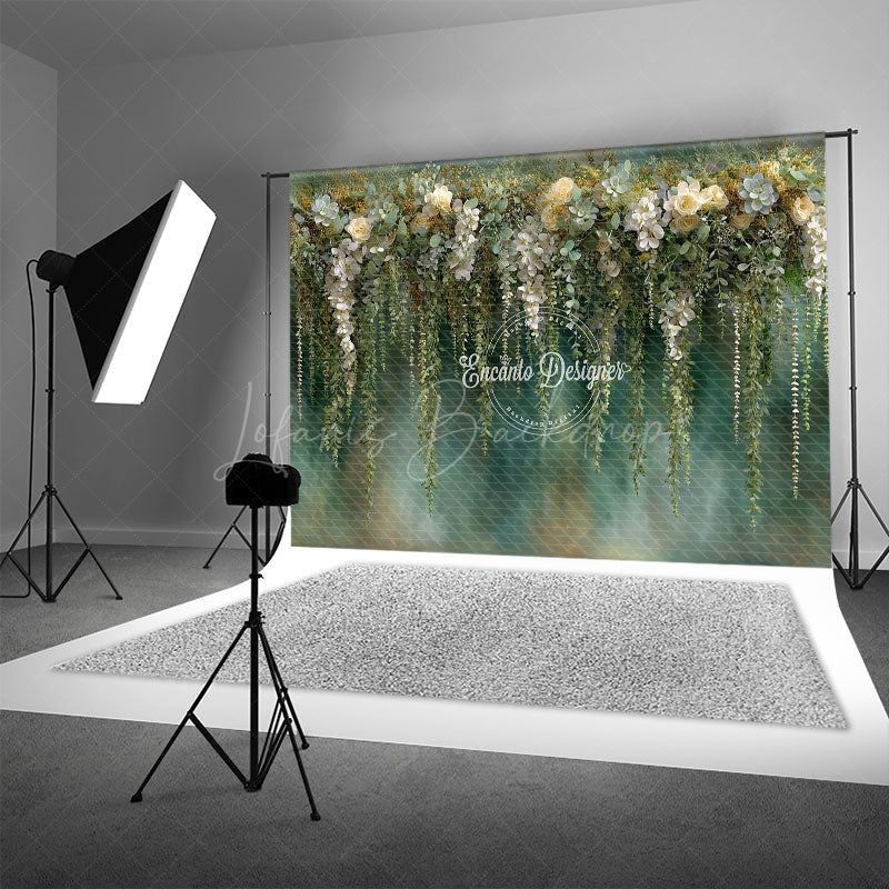 Lofaris Hanging Greenery and White Rose Photography Backdrop Eucalyptus Floral Wall Elegant Wedding Photo Background
