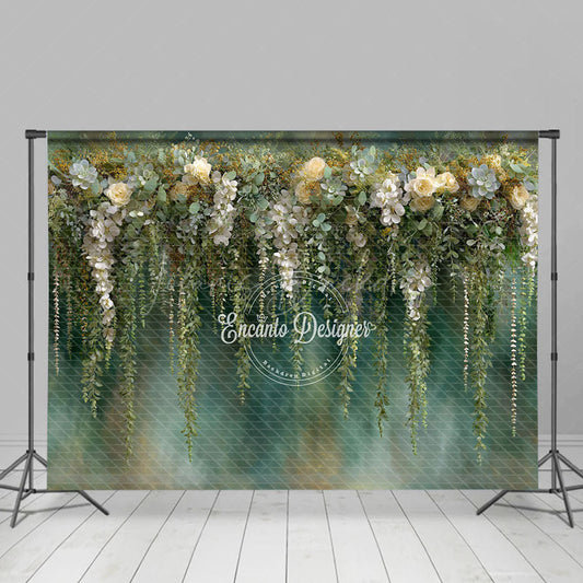 Lofaris Hanging Greenery and White Rose Photography Backdrop Eucalyptus Floral Wall Elegant Wedding Photo Background