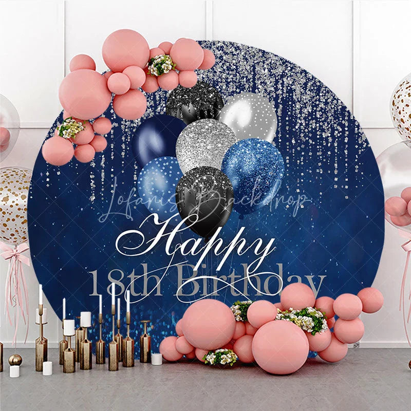 Lofaris Happy 18th Birthday Round Backdrop Navy Blue Silver Balloon Party Decoration Glitter Drip Background