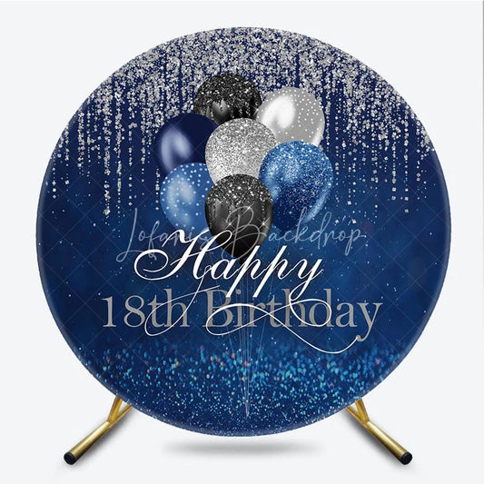 Lofaris Happy 18th Birthday Round Backdrop Navy Blue Silver Balloon Party Decoration Glitter Drip Background