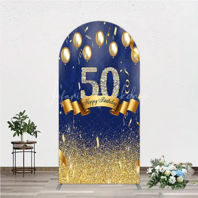Lofaris Happy 50th Birthday Arch Backdrop Royal Blue and Gold Balloons Diamond Glitter Party Decor