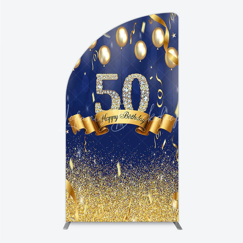 Lofaris Happy 50th Birthday Half Moon Arch Backdrop Royal Blue and Gold Balloons Diamond Glitter Party Decor