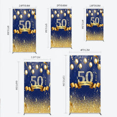 Lofaris Happy 50th Birthday Rectangle Backdrop Royal Blue and Gold Balloons Diamond Glitter Party Decor
