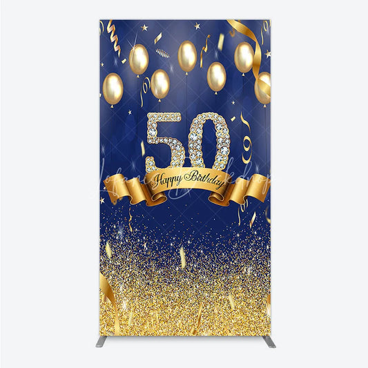 Lofaris Happy 50th Birthday Rectangle Backdrop Royal Blue and Gold Balloons Diamond Glitter Party Decor