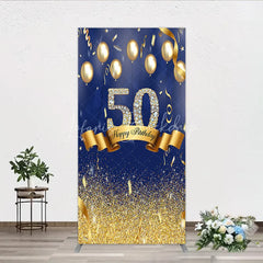 Lofaris Happy 50th Birthday Rectangle Backdrop Royal Blue and Gold Balloons Diamond Glitter Party Decor
