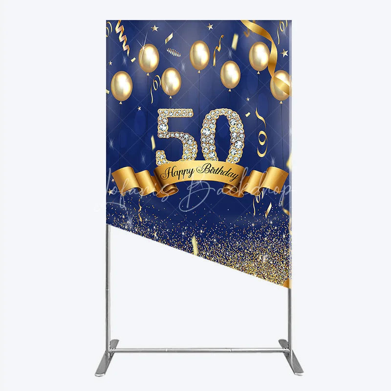Lofaris Happy 50th Birthday Rectangle Backdrop Royal Blue and Gold Balloons Diamond Glitter Party Decor
