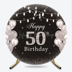 Lofaris Happy 50th Birthday Round Backdrop Black Silver Glitter Diamond Celebration Elegant Party Decor