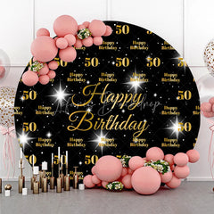Lofaris Happy 50th Birthday Round Backdrop Gold Glitter Number 50 on Black Pattern Background Milestone Fifty Years Party Decor