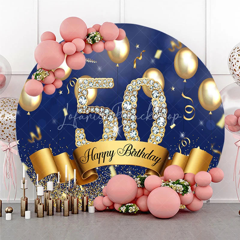 Lofaris Happy 50th Birthday Round Backdrop for Him or Her Royal Blue and Gold with Diamonds Cheers to 50 Years Party