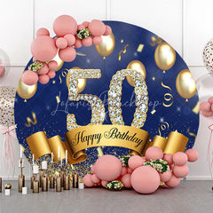 Lofaris Happy 50th Birthday Round Backdrop for Him or Her Royal Blue and Gold with Diamonds Cheers to 50 Years Party