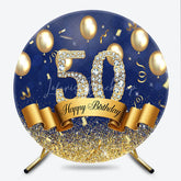 Lofaris Happy 50th Birthday Round Backdrop for Him or Her Royal Blue and Gold with Diamonds Cheers to 50 Years Party