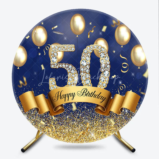 Lofaris Happy 50th Birthday Round Backdrop for Him or Her Royal Blue and Gold with Diamonds Cheers to 50 Years Party