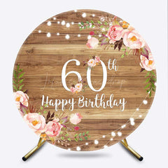 Lofaris Happy 60th Birthday Round Backdrop for Women Rustic Wood with Pink Floral Sixtieth Milestone Party Photo Prop