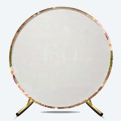 Lofaris Happy 60th Birthday Round Backdrop for Women Rustic Wood with Pink Floral Sixtieth Milestone Party Photo Prop