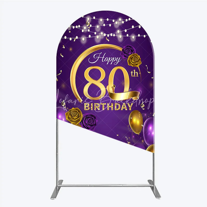 Lofaris Happy 80th Birthday Arch Backdrop for Her Purple and Gold Balloons with String Lights Elegant Party Decor