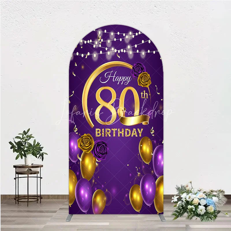 Lofaris Happy 80th Birthday Arch Backdrop for Her Purple and Gold Balloons with String Lights Elegant Party Decor