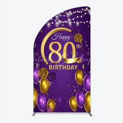 Lofaris Happy 80th Birthday Half Moon Arch Backdrop for Her Purple and Gold Balloons with String Lights Elegant Party Decor
