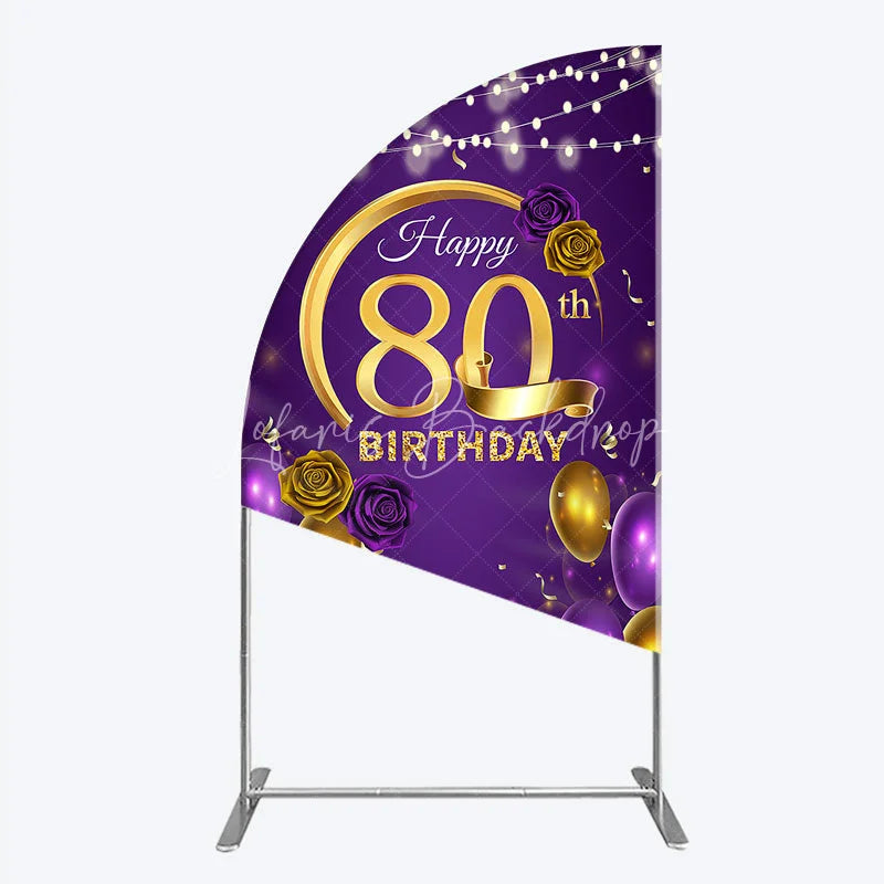 Lofaris Happy 80th Birthday Half Moon Arch Backdrop for Her Purple and Gold Balloons with String Lights Elegant Party Decor