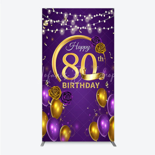 Lofaris Happy 80th Birthday Rectangle Backdrop for Her Purple and Gold Balloons with String Lights Elegant Party Decor