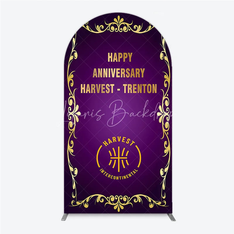 Lofaris Happy Anniversary Corporate Event Arch Backdrop Elegant Purple and Gold Ornate Frame Company Party Photo Booth Decor