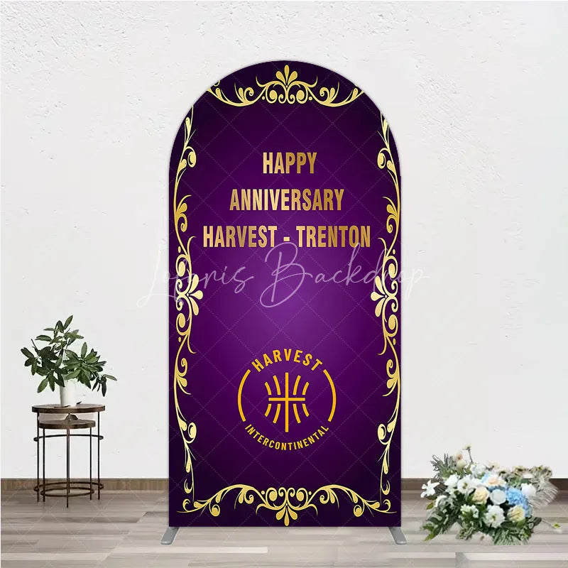 Lofaris Happy Anniversary Corporate Event Arch Backdrop Elegant Purple and Gold Ornate Frame Company Party Photo Booth Decor