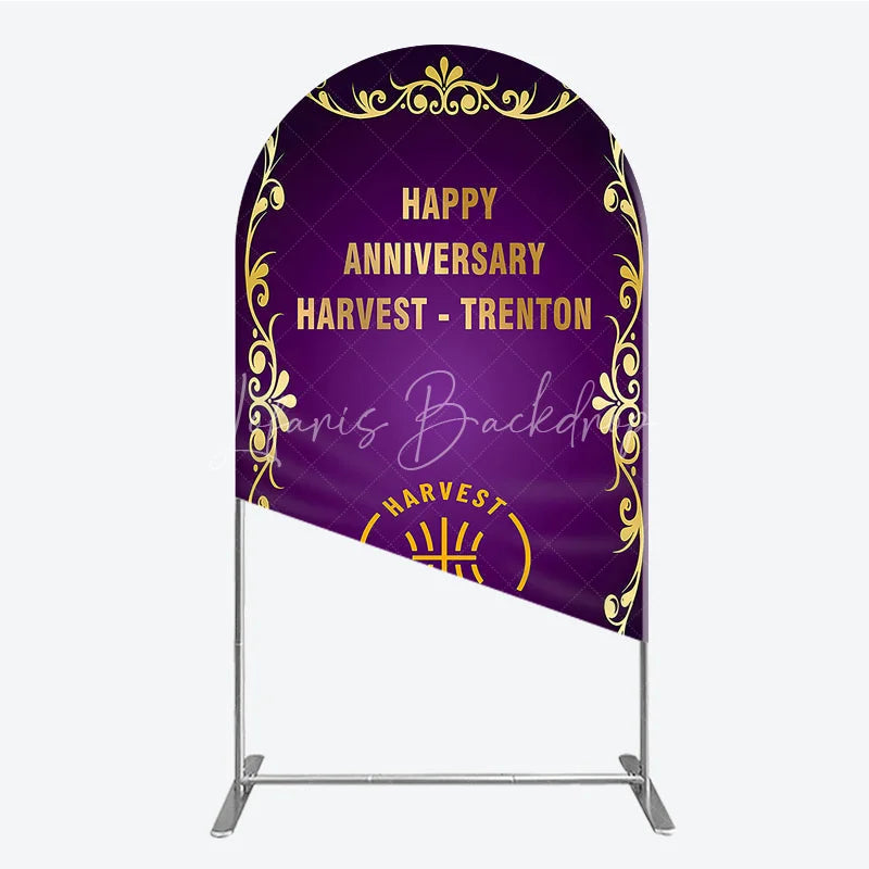 Lofaris Happy Anniversary Corporate Event Arch Backdrop Elegant Purple and Gold Ornate Frame Company Party Photo Booth Decor
