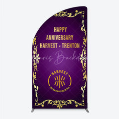 Lofaris Happy Anniversary Corporate Event Half Moon Arch Backdrop Elegant Purple and Gold Ornate Frame Company Party Photo Booth Decor