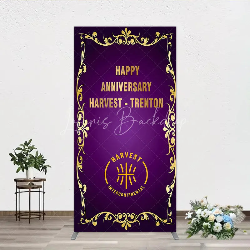 Lofaris Happy Anniversary Corporate Event Rectangle Backdrop Elegant Purple and Gold Ornate Frame Company Party Photo Booth Decor