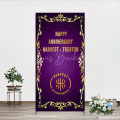 Lofaris Happy Anniversary Corporate Event Rectangle Backdrop Elegant Purple and Gold Ornate Frame Company Party Photo Booth Decor