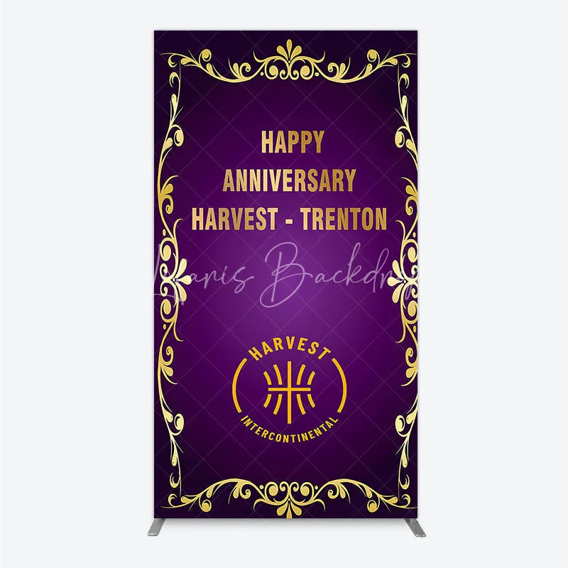 Lofaris Happy Anniversary Corporate Event Rectangle Backdrop Elegant Purple and Gold Ornate Frame Company Party Photo Booth Decor