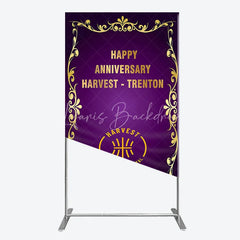 Lofaris Happy Anniversary Corporate Event Rectangle Backdrop Elegant Purple and Gold Ornate Frame Company Party Photo Booth Decor
