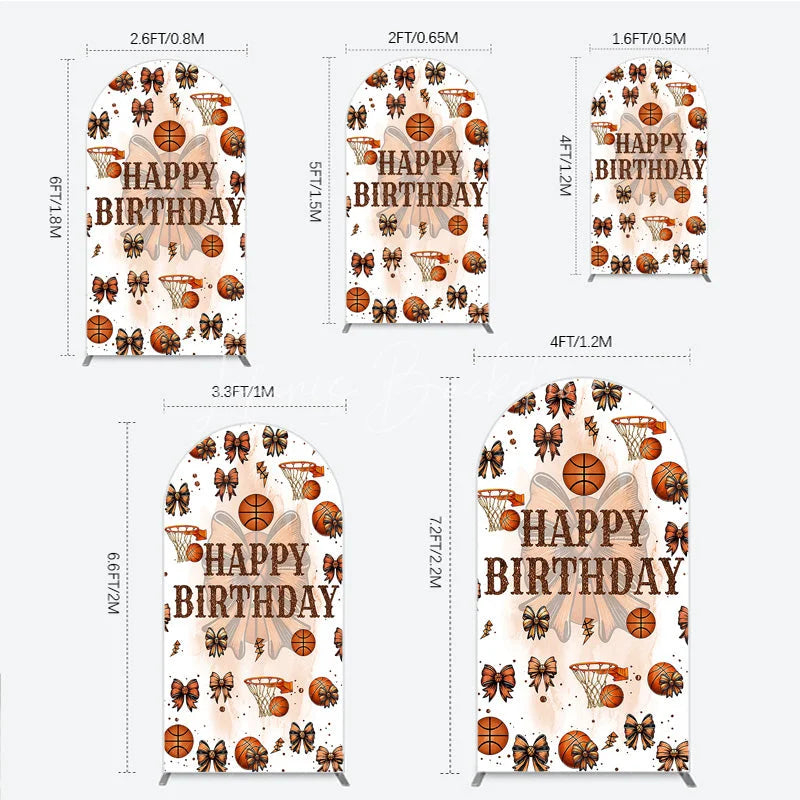 Lofaris Happy Birthday Arch Backdrop Basketballs or Bows Gender Reveal He She Sports Theme Party Decor