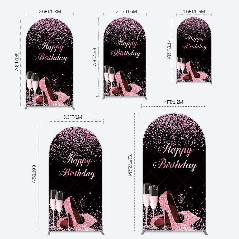 Lofaris Happy Birthday Arch Backdrop for Her Pink Glitter High Heels and Champagne Fabulous Women’s Party Photo Prop