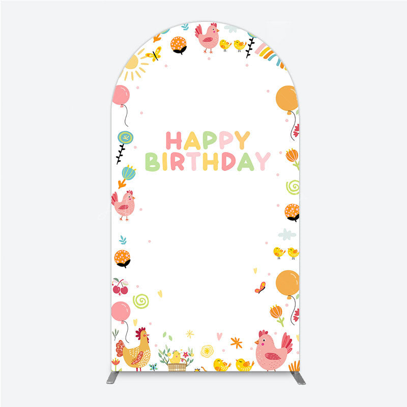 Lofaris Happy Birthday Arch Backdrop for Kids Cute Farm Friends with Chicken and Chicks Sunshine Rainbow Party Prop