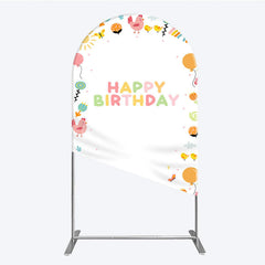 Lofaris Happy Birthday Arch Backdrop for Kids Cute Farm Friends with Chicken and Chicks Sunshine Rainbow Party Prop
