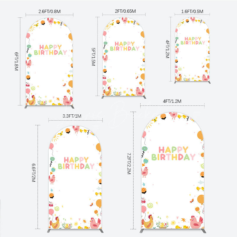 Lofaris Happy Birthday Arch Backdrop for Kids Cute Farm Friends with Chicken and Chicks Sunshine Rainbow Party Prop