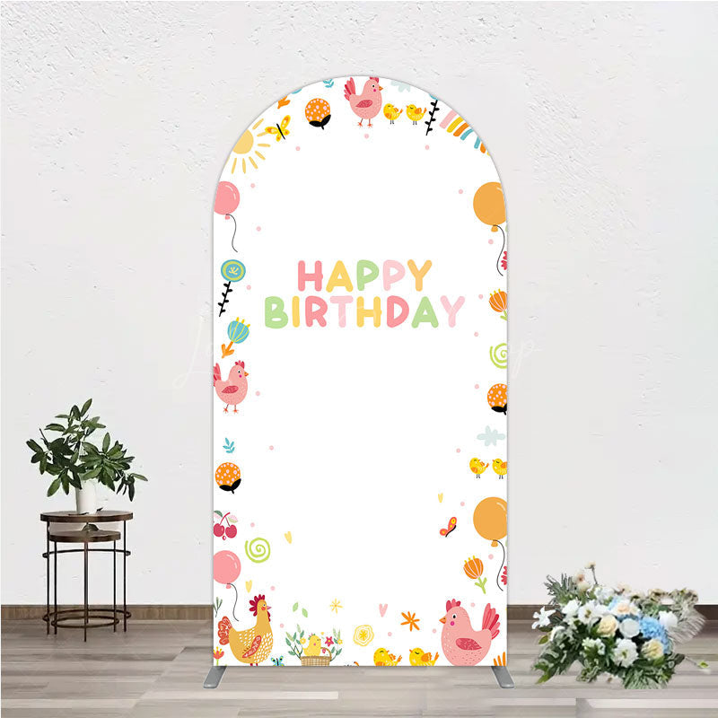 Lofaris Happy Birthday Arch Backdrop for Kids Cute Farm Friends with Chicken and Chicks Sunshine Rainbow Party Prop
