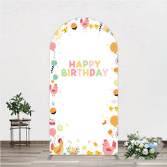 Lofaris Happy Birthday Arch Backdrop for Kids Cute Farm Friends with Chicken and Chicks Sunshine Rainbow Party Prop