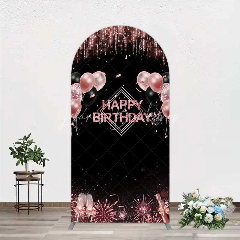 Lofaris Happy Birthday Arch Backdrop Rose Gold Balloons Black Glitter Champagne Decor