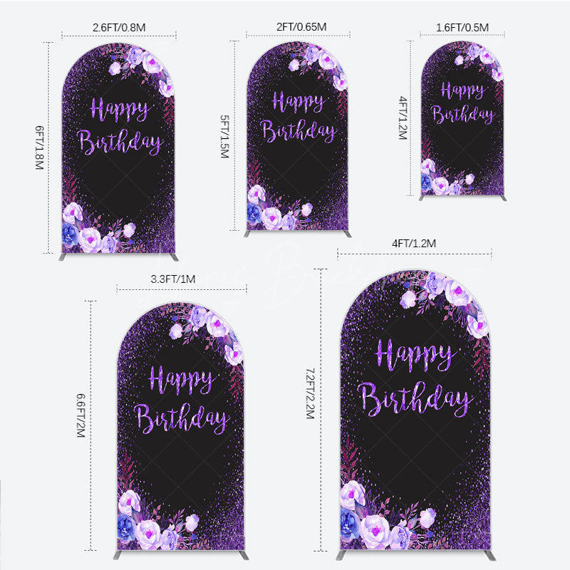 Lofaris Happy Birthday Arch Backdrop for Women Black and Purple Glitter with Floral Elegant Milestone Party Photo Prop