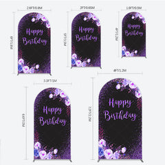 Lofaris Happy Birthday Arch Backdrop for Women Black and Purple Glitter with Floral Elegant Milestone Party Photo Prop