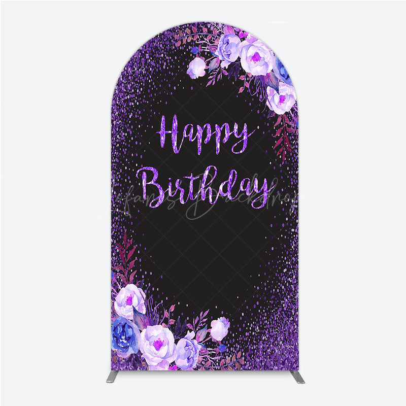 Lofaris Happy Birthday Arch Backdrop for Women Black and Purple Glitter with Floral Elegant Milestone Party Photo Prop