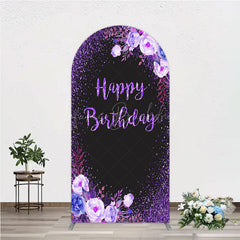 Lofaris Happy Birthday Arch Backdrop for Women Black and Purple Glitter with Floral Elegant Milestone Party Photo Prop