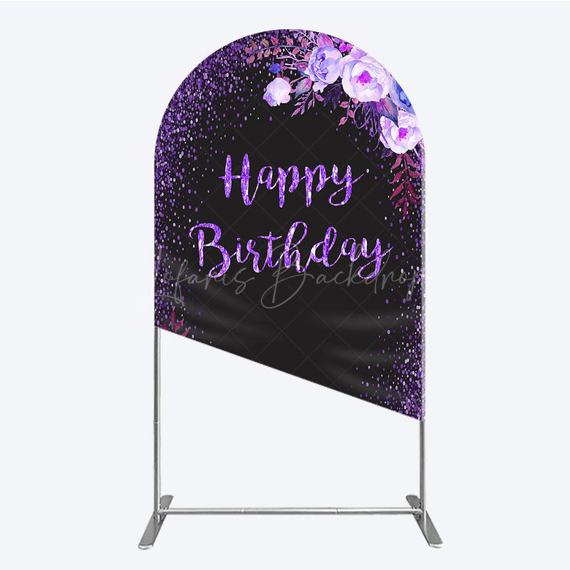 Lofaris Happy Birthday Arch Backdrop for Women Black and Purple Glitter with Floral Elegant Milestone Party Photo Prop