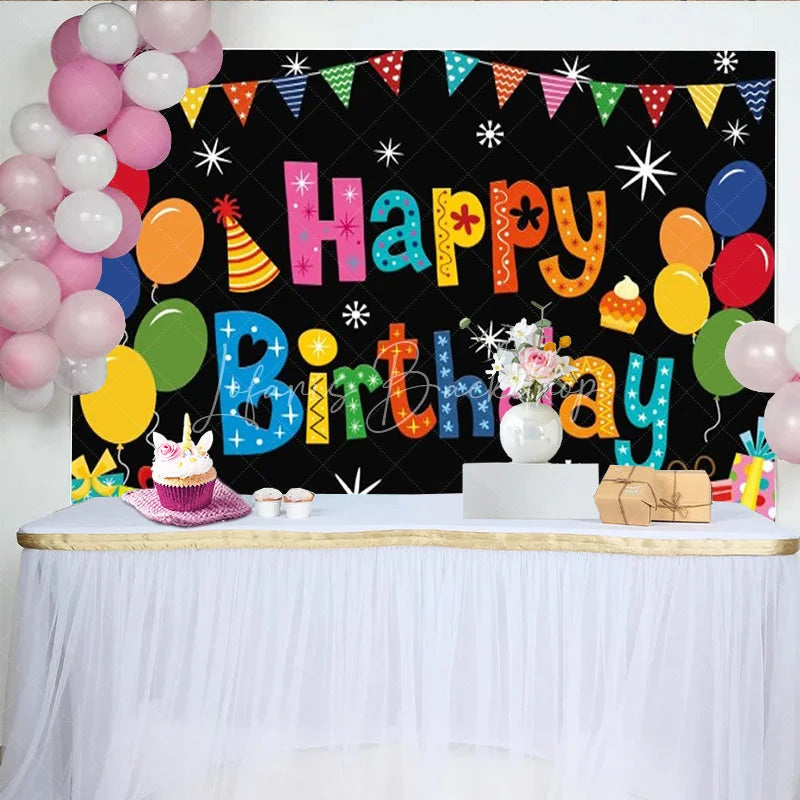 Lofaris Happy Birthday Backdrop Colorful Balloons Pennant Banner Black Background Kids Party Decorations Photo Booth Props