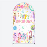 Lofaris Happy Birthday Candyland Arch Backdrop Pastel Donut Ice Cream and Lollipop Sweet Shoppe Party Photo Booth
