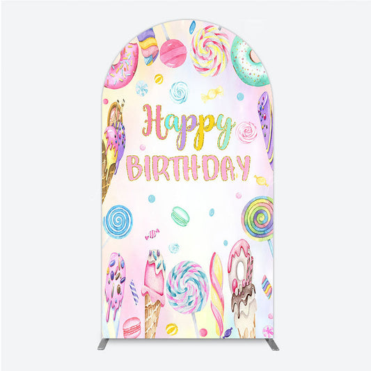 Lofaris Happy Birthday Candyland Arch Backdrop Pastel Donut Ice Cream and Lollipop Sweet Shoppe Party Photo Booth