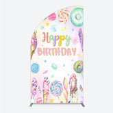 Lofaris Happy Birthday Candyland Half Moon Arch Backdrop Pastel Donut Ice Cream and Lollipop Sweet Shoppe Party Photo Booth