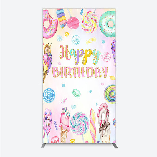 Lofaris Happy Birthday Candyland Rectangle Backdrop Pastel Donut Ice Cream and Lollipop Sweet Shoppe Party Photo Booth
