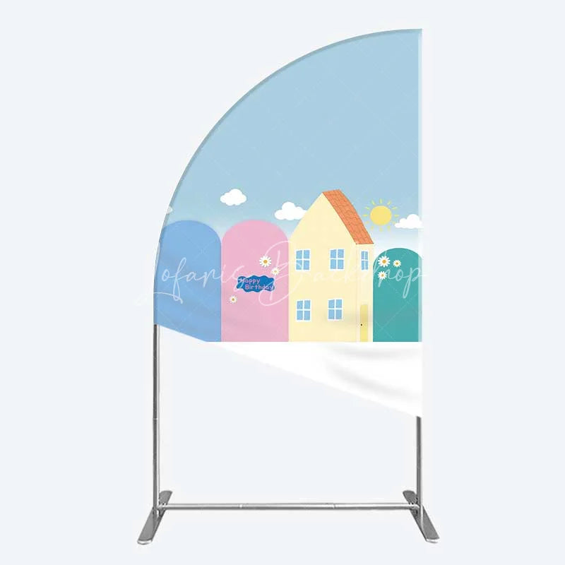 Lofaris Happy Birthday Cartoon Houses Half Moon Arch Backdrop Simple Blue Sky with Sun and Clouds Background Kids Cute Town Party Decor